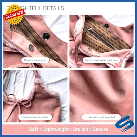 Large Slouchy Hobo Tote Bag with Sherpa Trim, Faux Suede Shoulder Purse - Picture 3 of 7